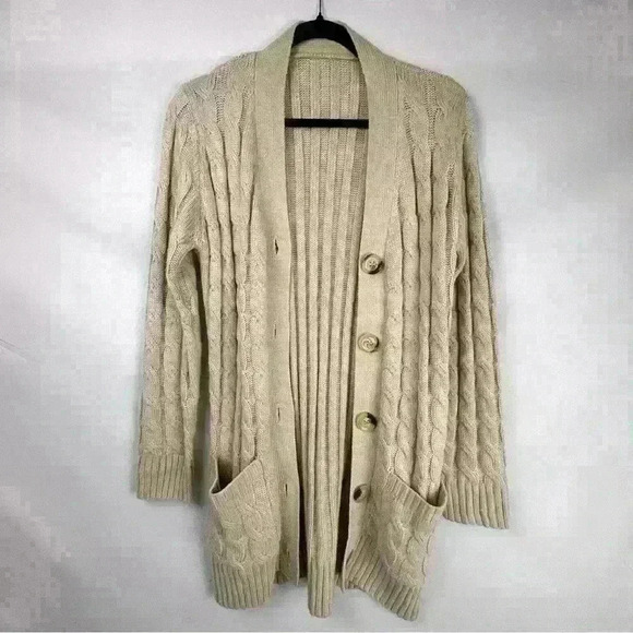 Long Sleeve Cable Knit Sweater Open Front Cardigan fall preppy eclectic grandpa - Picture 1 of 5